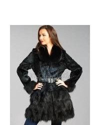 Rabbit hooded Black Coat rabbit hat scarf Fur Fur FRR Fur Coat: Fox  With Embossed fur Black Trim